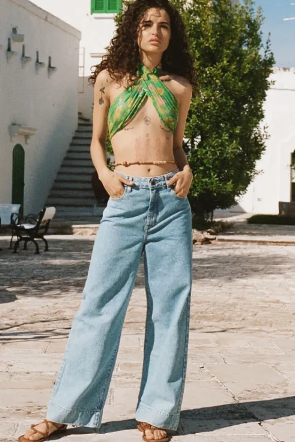 Sun Washed Blue Classic Denim Cropped Jeans Cheap
