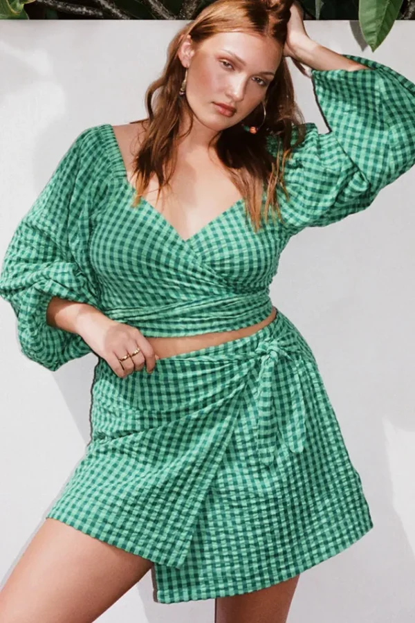 Grass Pixie Gingham Wrap Top Clearance