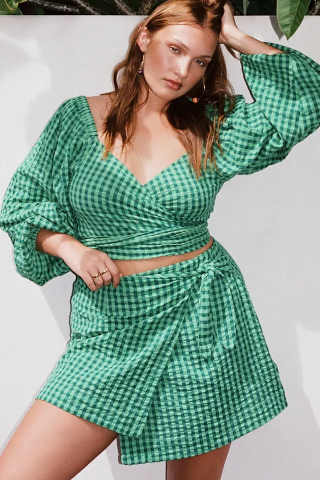 pixie_gingham_wrap_top_1.webp Grass Pixie Gingham Wrap Top Clearance