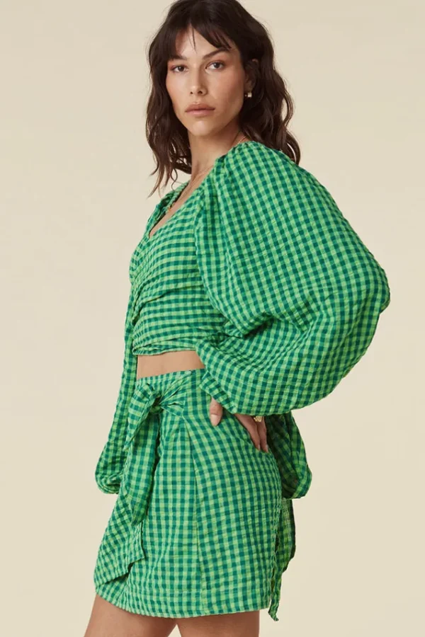 Grass Pixie Gingham Wrap Top Clearance