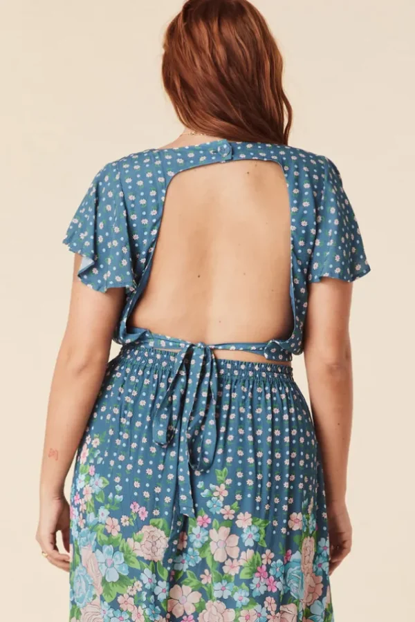 Cornflower Blue Yellow Rose Crop Top Flash Sale