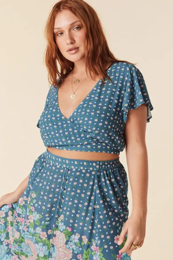 Cornflower Blue Yellow Rose Crop Top Flash Sale